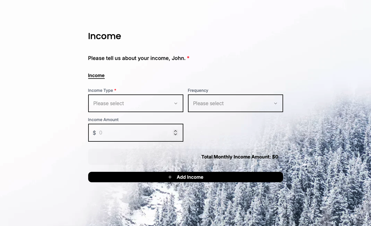 Winter-branded client form asking about income with type, frequency, and amount fields