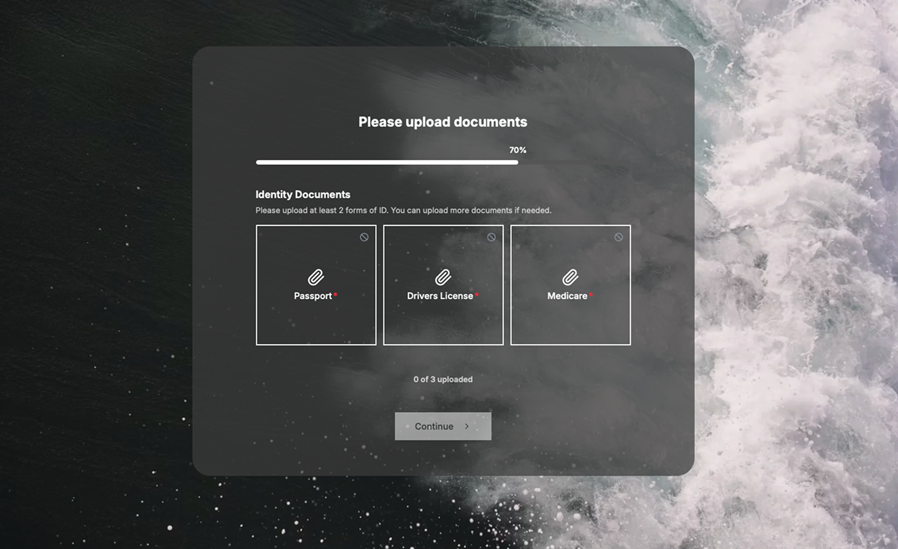 Ocean-branded document upload step requesting passport, drivers licence, and Medicare card with progress bar