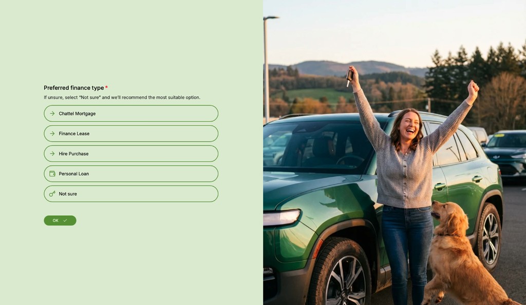 Preferred finance type selection in ClearPolicy beside a client celebrating with their new vehicle